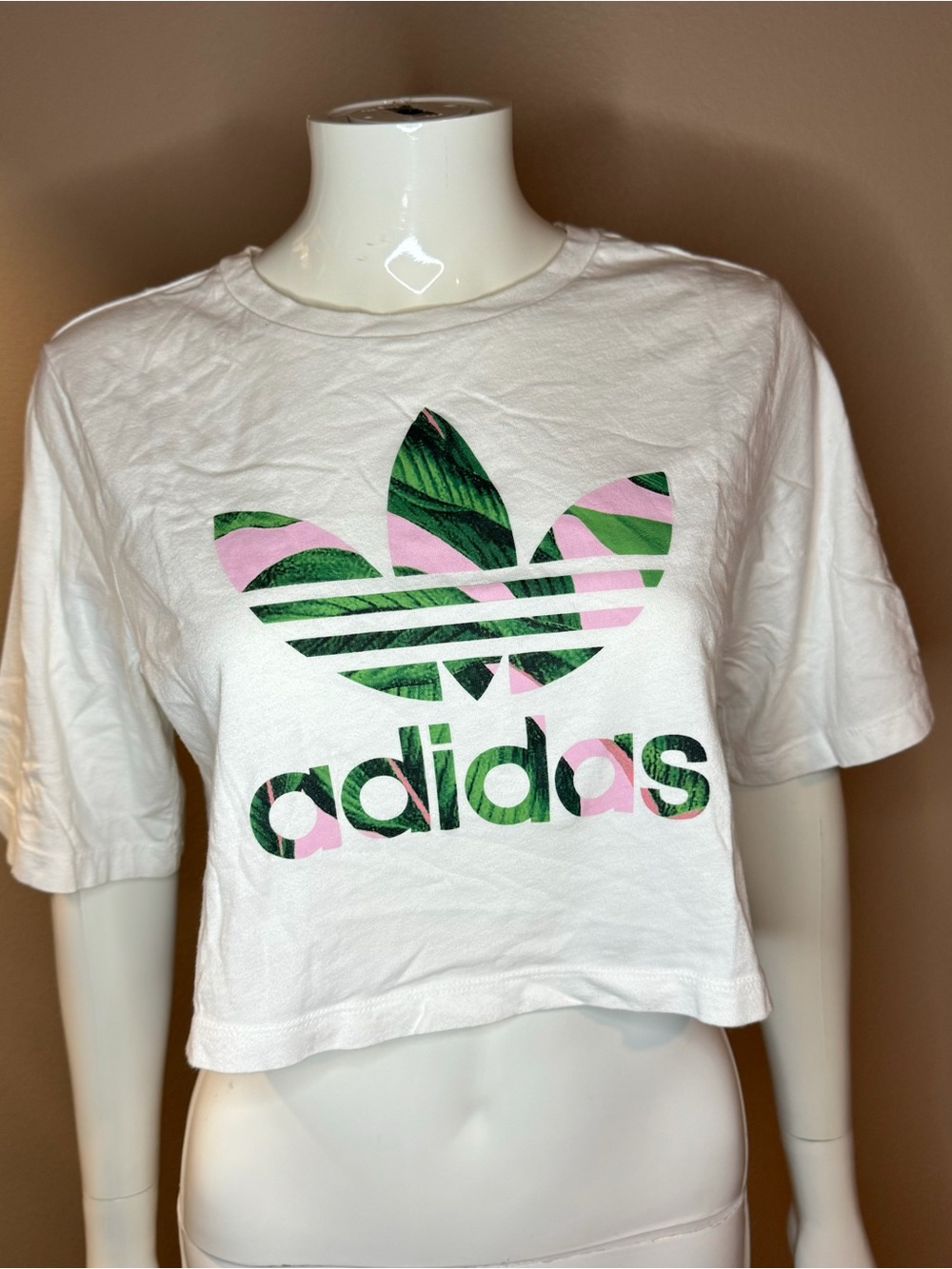 adidas White Crop Tee with Pink & Green Trefoil
